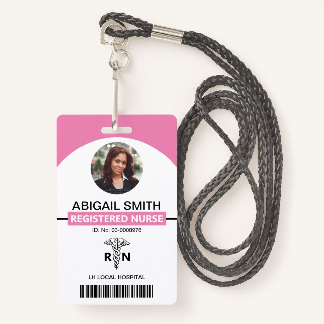 Hospital RN employee caduceus pink photo template Badge (Front with Lanyard)