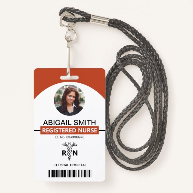 Hospital RN employee caduceus terracotta photo  Badge (Front with Lanyard)