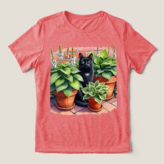 Hosta Garden and Black Cat Watercolor 