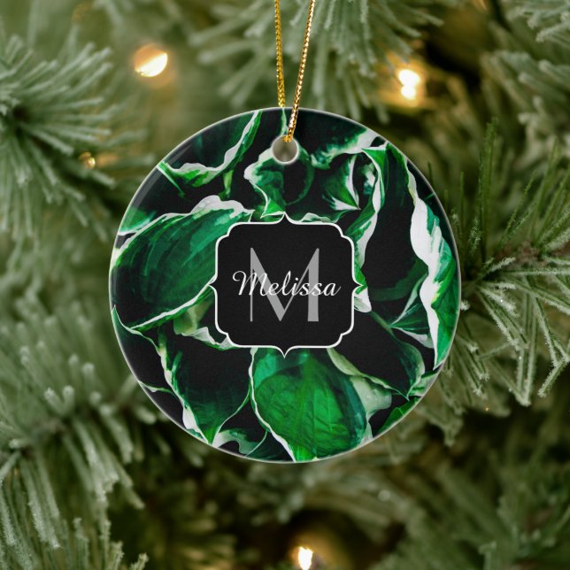 Hosta undulata vibrant green plant leaves Monogram Ceramic Ornament (Tree)