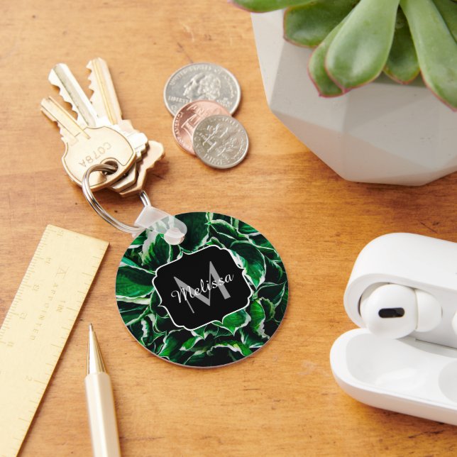 Hosta undulata vibrant green plant leaves Monogram Keychain (Desk)