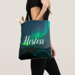 Hostess Aurora Lights Script Elegant Wedding Tote Bag<br><div class="desc">Hostess, Northern lights, Aurora Borealis, sky, script, typography tote bag. Starry night, galaxy bag. Perfect for Bridal shower, bachelorette.</div>