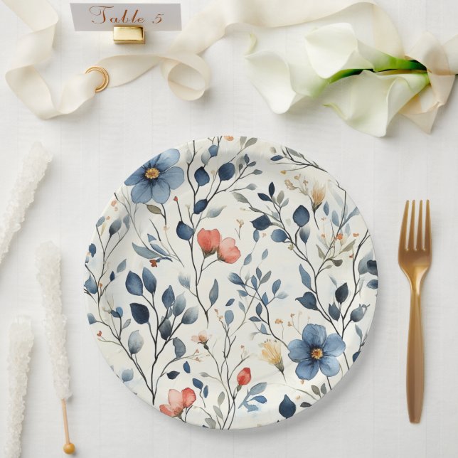 Hostess Garden Party Blue Floral Watercolor  Paper Plates (Wedding)