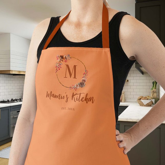 Hostess Gift Thanksgiving Harvest Mums Monogram Apron (thanksgiving hostess gift personalized apron monogram orange pumpkin terracotta mums elegant pretty )