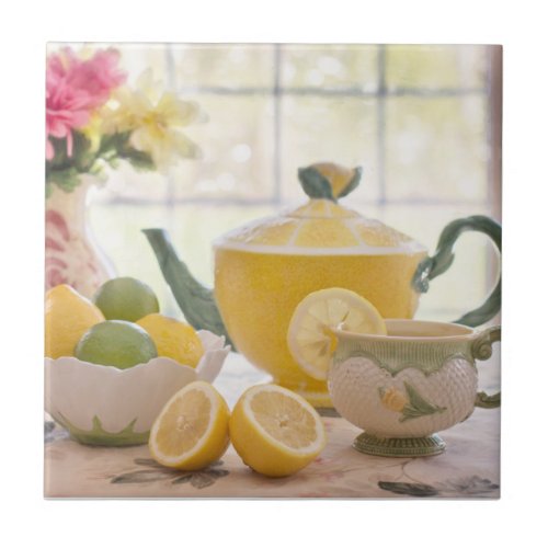 Hot Afternoon Tea with Fresh Lemons Tile