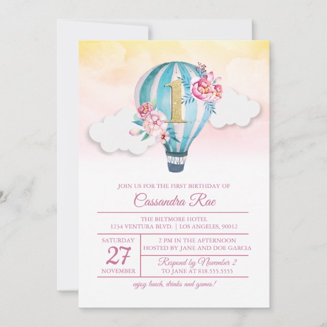 Hot Air Ballon First Birthday Invitation (Front)