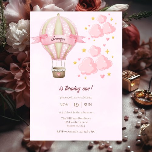 Hot Air Ballon Girl Pink Cloudy 1st Birthday Party Invitation