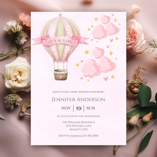 Hot Air Ballon Pink Elegant Girl Baby Shower Invitation