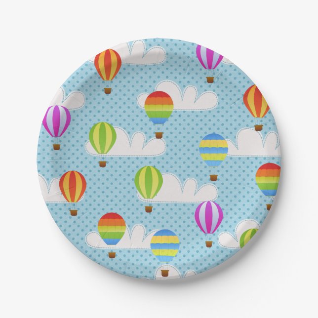 Hot Air Ballons in Cloudy Dotty Sky Paper Plates (Front)