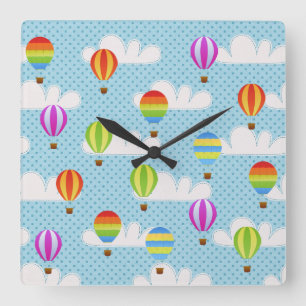 Hot Air Ballons in Cloudy Dotty Sky Square Wall Clock