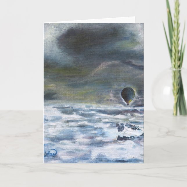 Hot air balloom in winter blue high sky lost city card (Front)