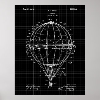 Hot Air Balloon 1925 Patent Art Print Black Grid