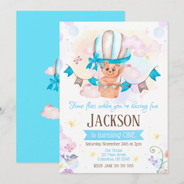 Hot Air Balloon 1st Birthday Invitation (Front/Back)