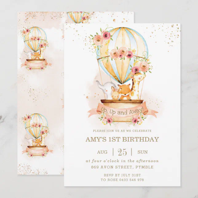 Hot Air Balloon 1st Birthday Jungle Animals Girl Invitation | Zazzle