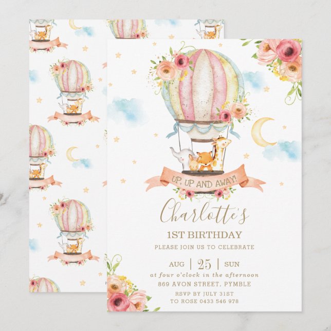 Hot Air Balloon 1st Birthday Jungle Animals Girl Invitation (Front/Back)