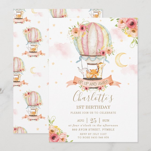 Hot Air Balloon 1st Birthday Jungle Animals Girl Invitation (Front/Back)