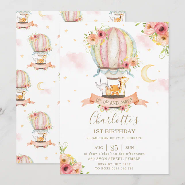 Hot Air Balloon 1st Birthday Jungle Animals Girl Invitation | Zazzle