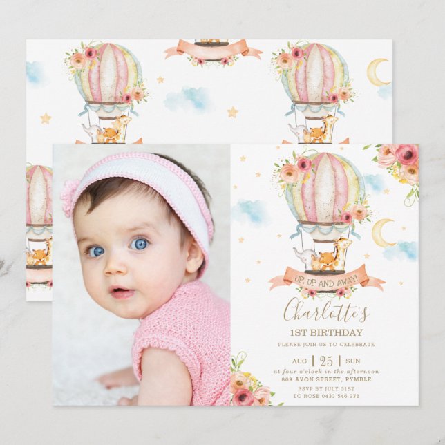 Hot Air Balloon 1st Birthday Jungle Animals Photo Invitation (Front/Back)