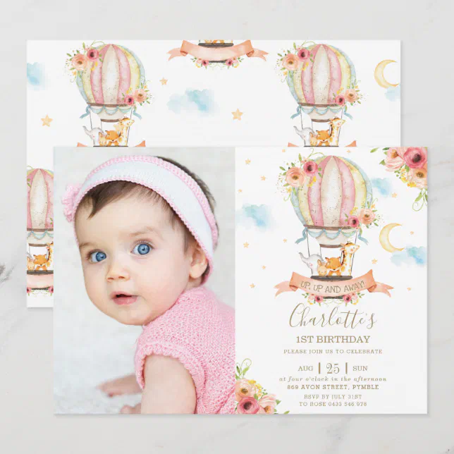 Hot Air Balloon 1st Birthday Jungle Animals Photo Invitation | Zazzle
