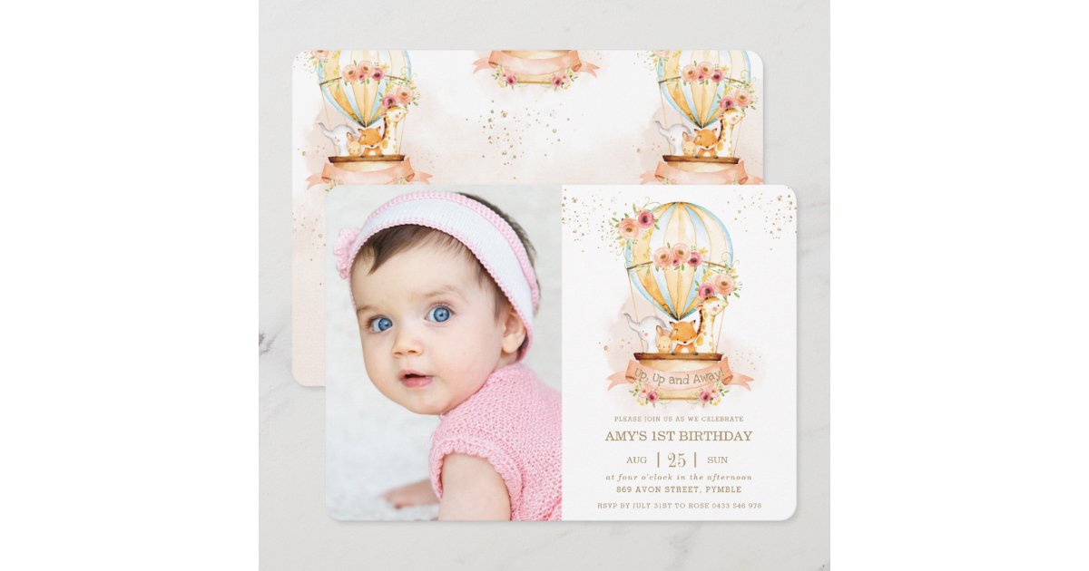 Hot Air Balloon 1st Birthday Jungle Animals Photo Invitation | Zazzle