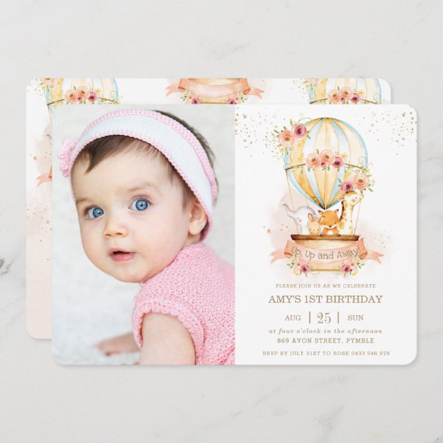 Hot Air Balloon 1st Birthday Jungle Animals Photo Invitation (Front/Back)