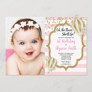 Hot air balloon 1st birthday pink gold photo invitation
