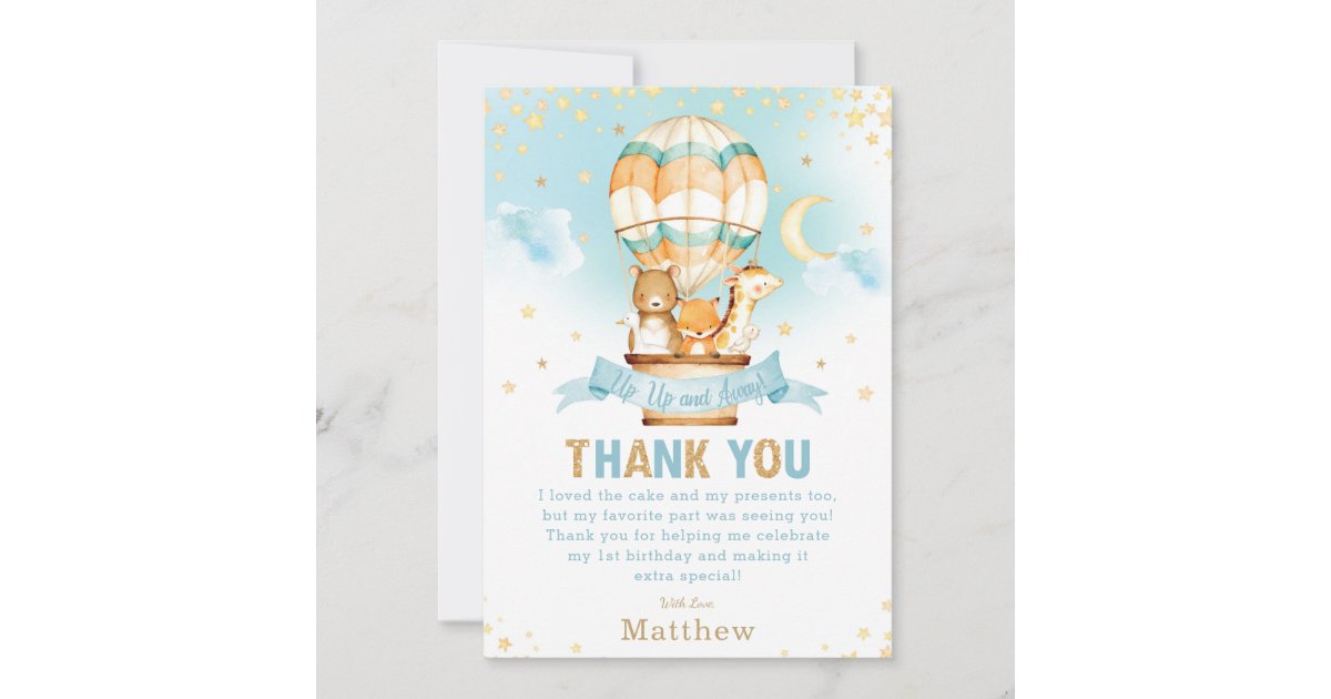 Hot Air Balloon 1st Birthday Woodland Animals Boy Thank You Card | Zazzle