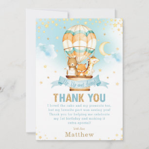 Hot Air Balloon 1st Birthday Woodland Animals Boy Thank You Card