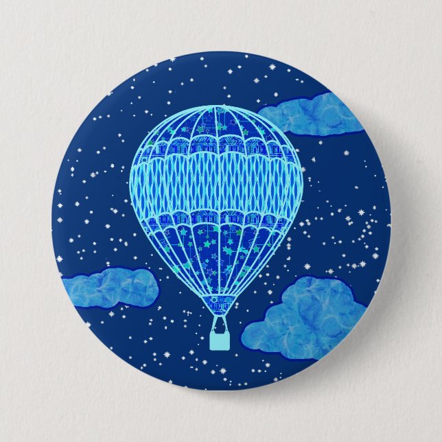 Hot Air Balloon Against a Night Sky in Deep Blue Button (Front)
