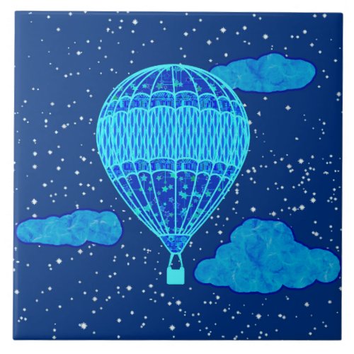 Hot Air Balloon Against a Night Sky in Deep Blue Ceramic Tile