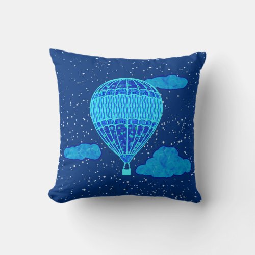 Hot Air Balloon Against a Night Sky in Deep Blue Throw Pillow