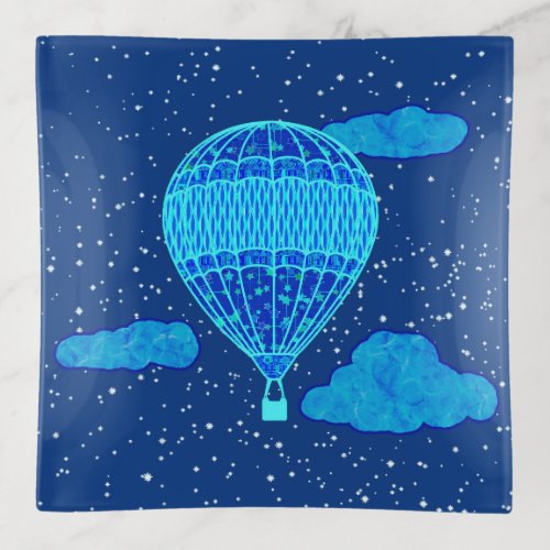 Hot Air Balloon Against a Night Sky in Deep Blue Trinket Tray