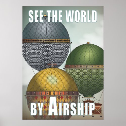 Hot Air Balloon Airship Trio Steampunk Travel Poster