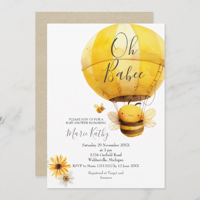 Hot air balloon and Bee Daisy Baby Shower Invitation (Front/Back)