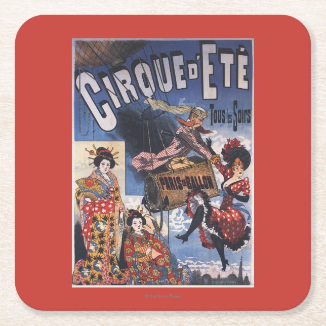 Hot-Air Balloon and Japanese Ladies Poster Square Paper Coaster (Front)