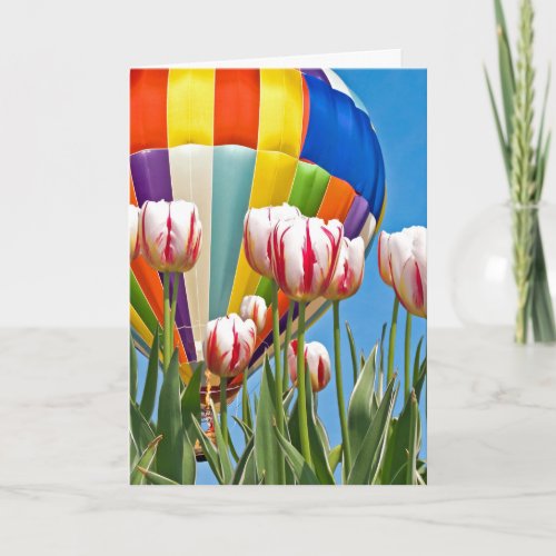 Hot air balloon and tulips for thinking of you card