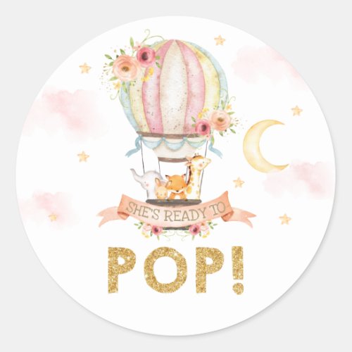Hot Air Balloon Animal Shower Shes Ready to Pop Classic Round Sticker