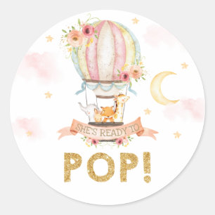 Hot Air Balloon Animal Shower She's Ready to Pop Classic Round Sticker