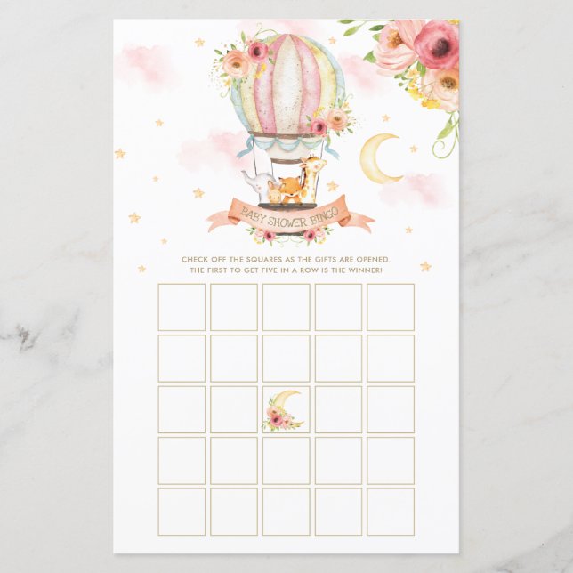 Hot Air Balloon Animals Baby Shower Bingo Game (Front)