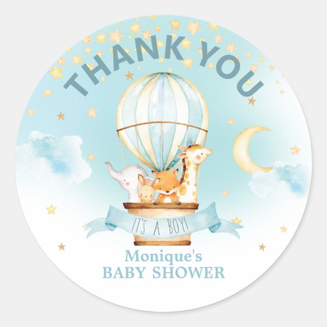 Hot Air Balloon Animals Baby Shower Thank Favors Classic Round Sticker (Front)