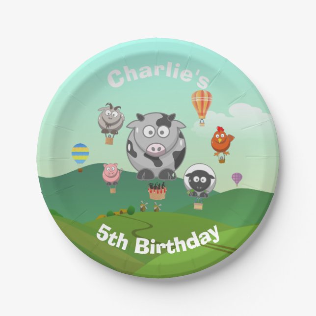 Hot Air Balloon Animals Custom Birthday Paper Plates (Front)