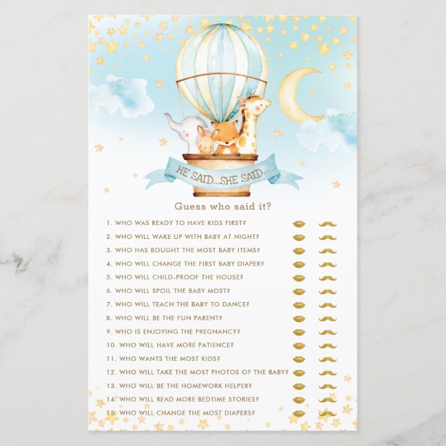 Hot Air Balloon Animals He Said She Said Fun Game (Front)