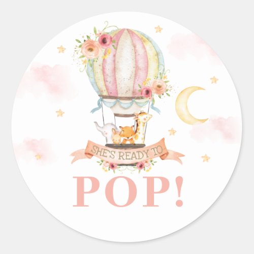Hot Air Balloon Animals Shower Shes Ready to Pop Classic Round Sticker