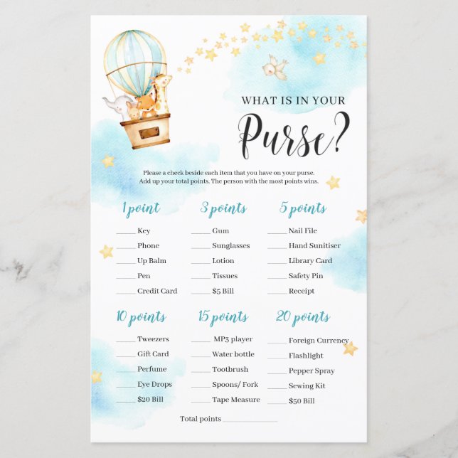 Hot air balloon animals what is in your purse game (Front)