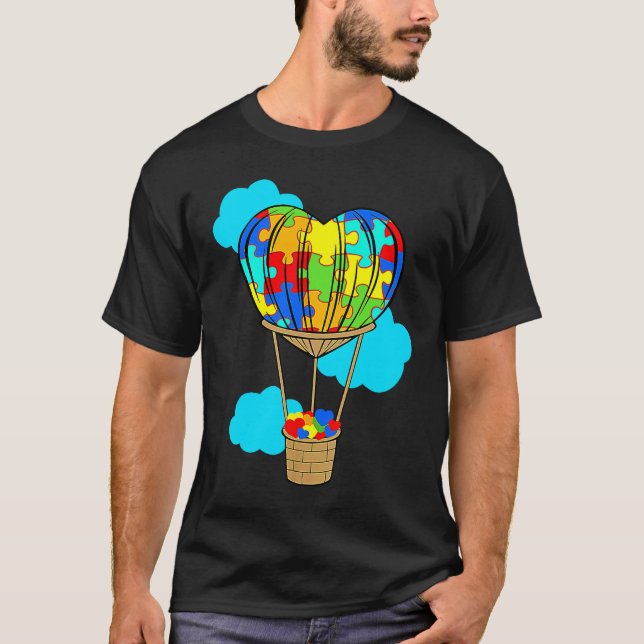 Hot Air Balloon Autism Awareness Cute Heart Puzzle T-Shirt (Front)