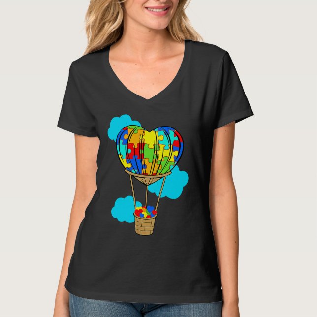 Hot Air Balloon Autism Awareness Cute Heart Puzzle T-Shirt (Front)