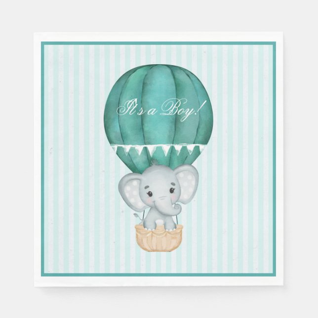 Hot Air Balloon Baby Boy Elephant Baby Shower Napkins (Front)
