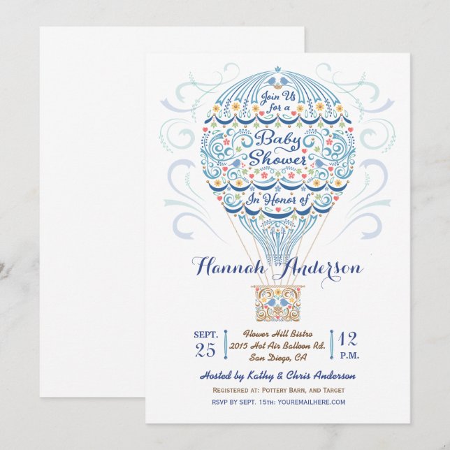 Hot Air Balloon Baby Boy Shower Invitation (Front/Back)