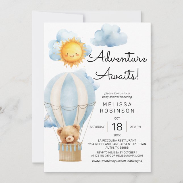 Hot Air Balloon Baby Boy Shower Invitation (Front)