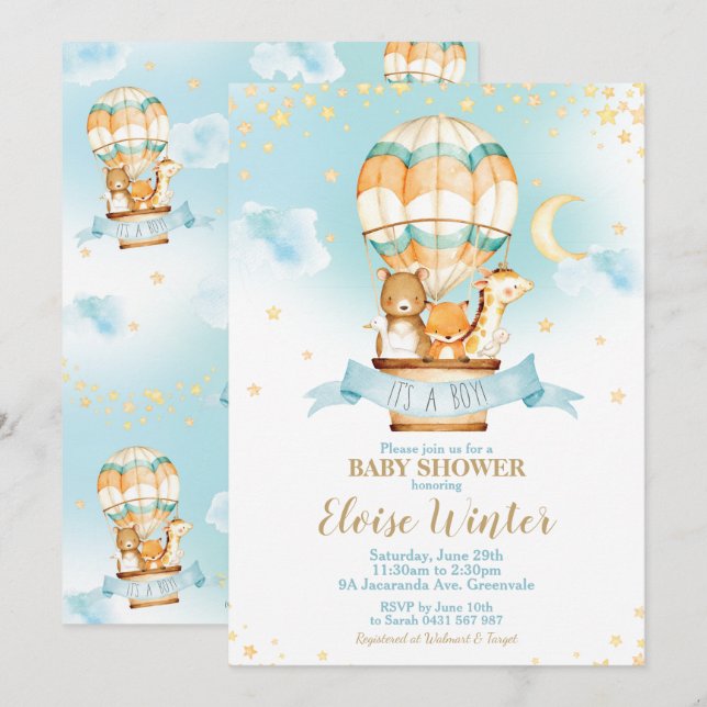 Hot Air Balloon Baby Boy Shower Jungle Animals Invitation (Front/Back)